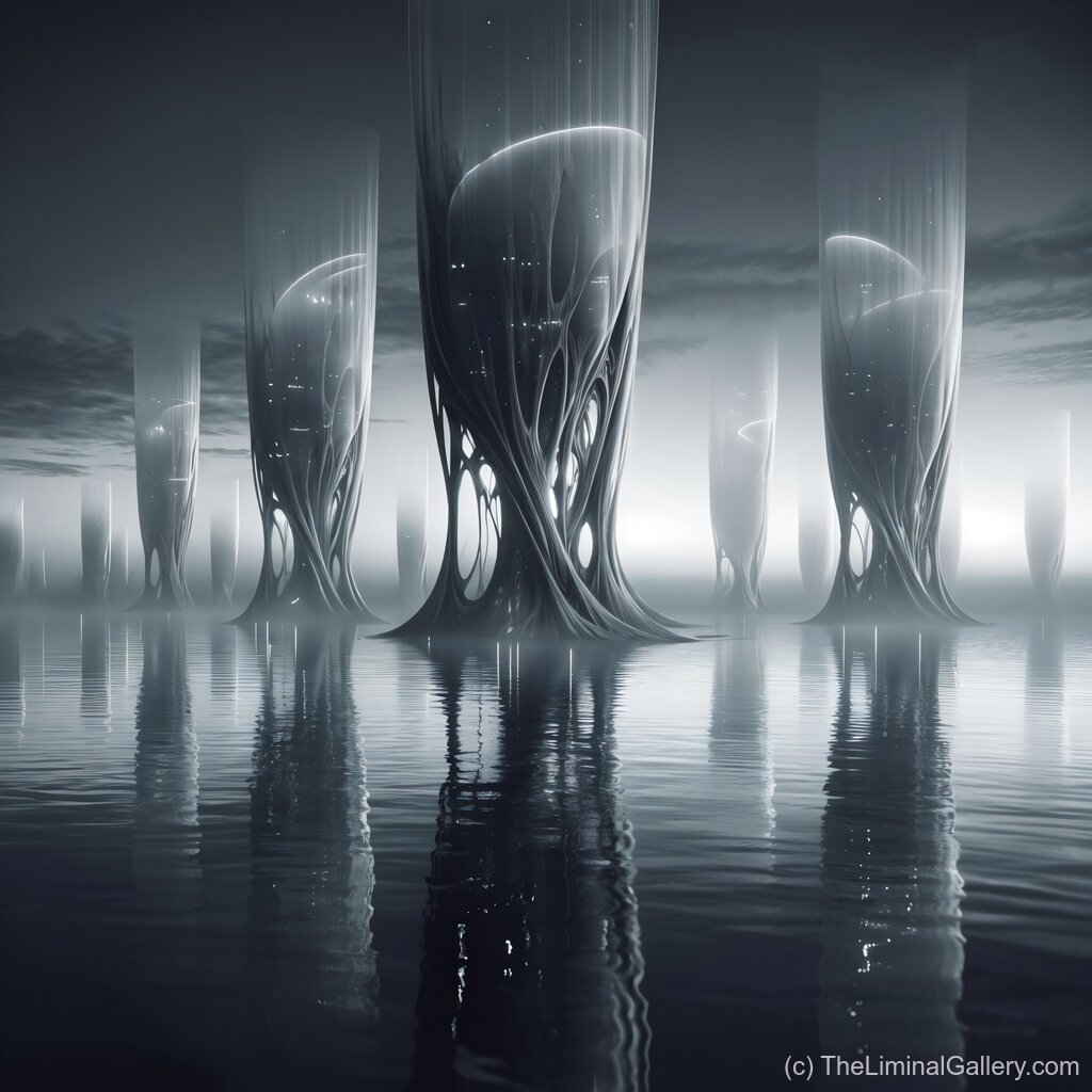 Towering monoliths standing stoically against the backdrop of an ethereal tide, blending strength with surreal beauty.